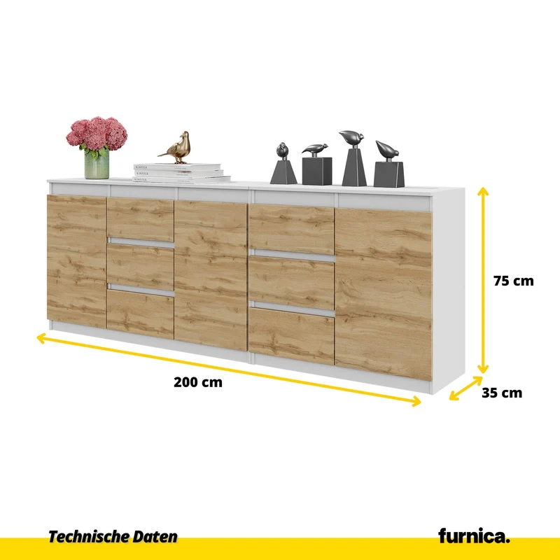 MIKEL - Kommode mit 6 Schubladen und 3 Türen - Schlafzimmer Kommode Aufbewahrungsschrank Sideboard - Weiß Matt / Wotan Eiche H75cm B200cm T35cm