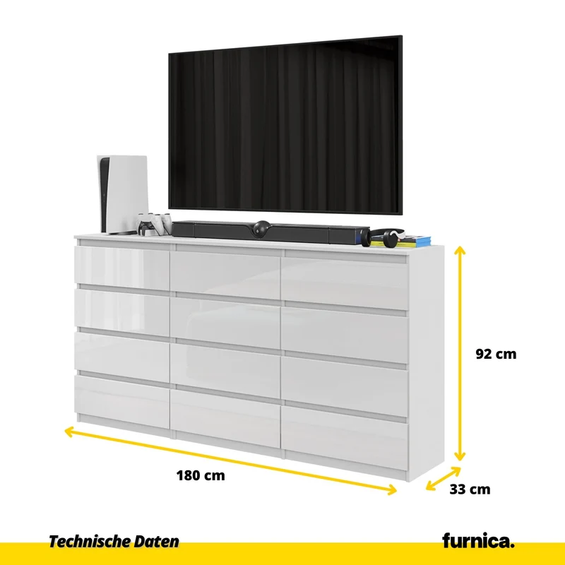 GABRIEL - Kommode / Sideboard mit 12 Schubladen (8+4) - Weißglanz H92cm B180cm T33cm