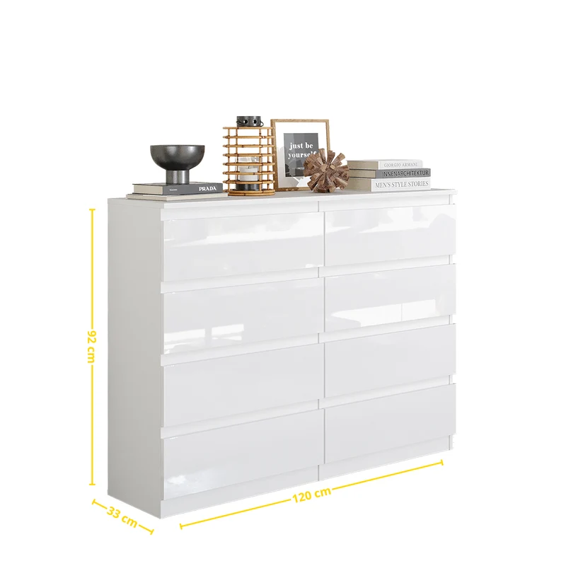 GABRIEL - Kommode / Sideboard mit 8 Schubladen - Weiß Gloss H92cm B120cm T33cm