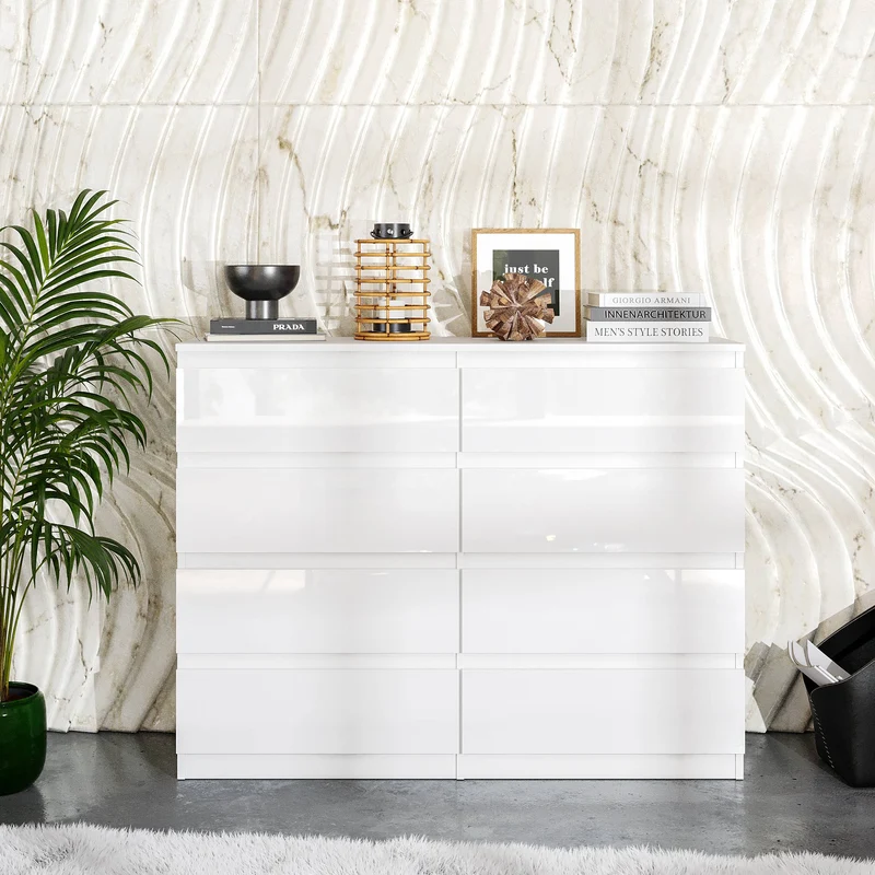 GABRIEL - Kommode / Sideboard mit 8 Schubladen - Weiß Gloss H92cm B120cm T33cm