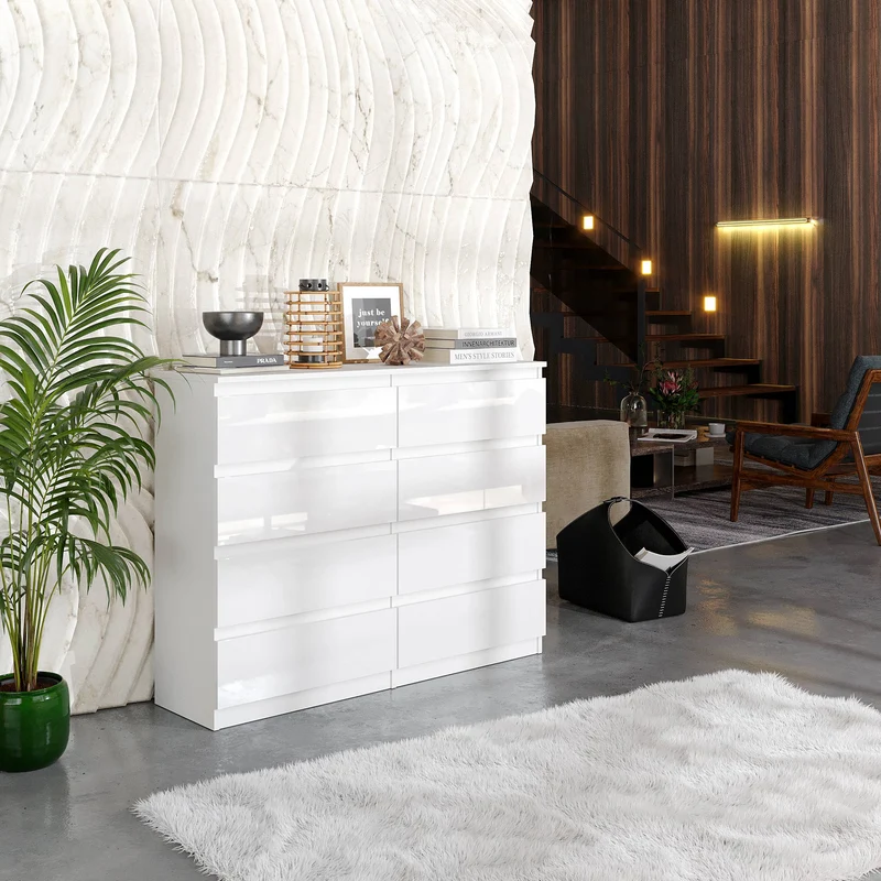 GABRIEL - Kommode / Sideboard mit 8 Schubladen - Weiß Gloss H92cm B120cm T33cm