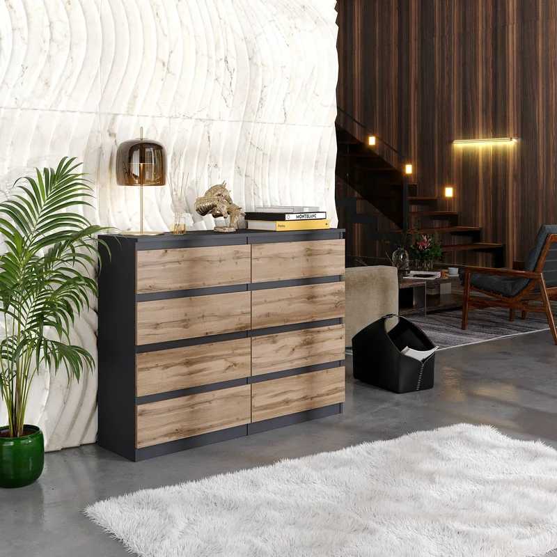 GABRIEL - Kommode / Sideboard mit 8 Schubladen - Anthrazit Grau / Wotan Eiche H92cm B120cm T33cm