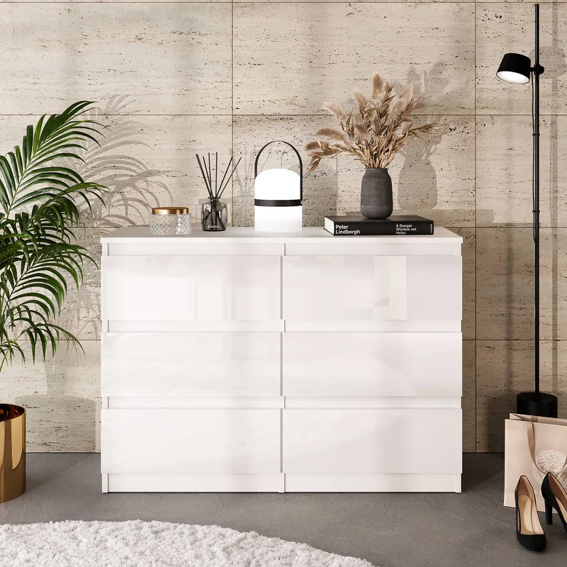 GABRIEL - Kommode / Sideboard mit 6 Schubladen - Weiß Matt / Weiß Gloss H71cm B100cm T33cm