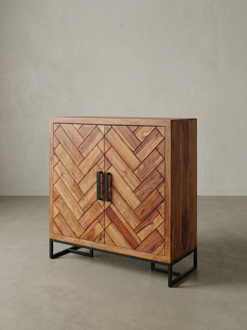 Schuhschrank – Massivholz, 100x105x40 cm, Fischgrätmuster, große Ablage