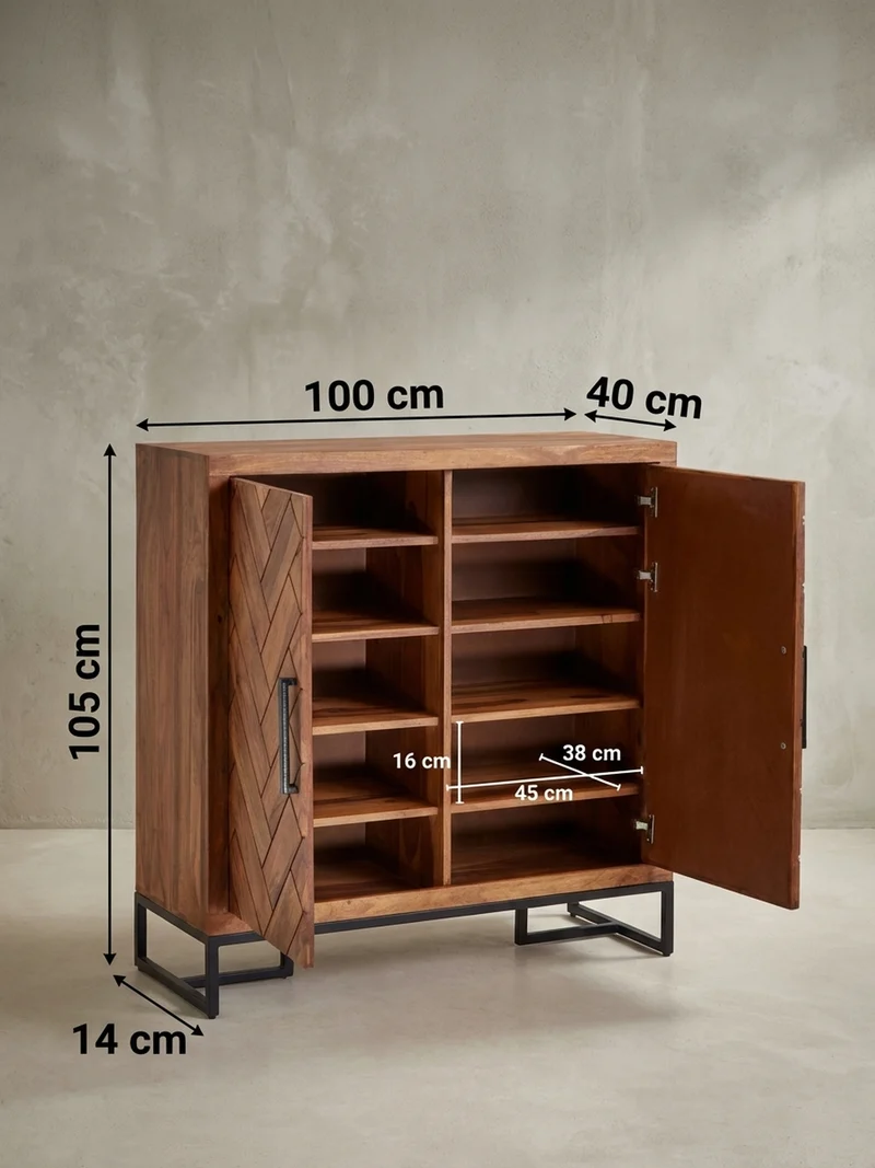 Schuhschrank – Massivholz, 100x105x40 cm, Fischgrätmuster, große Ablage