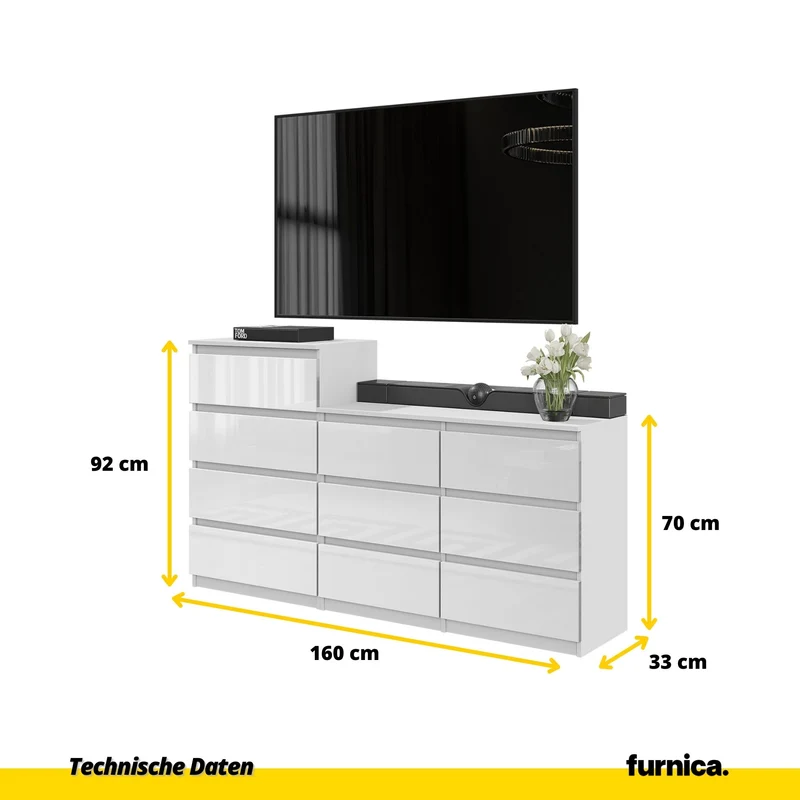 GABRIEL - Kommode / Sideboard mit 10 Schubladen (6+4) - Weiß Gloss H92/70cm B160cm T33cm