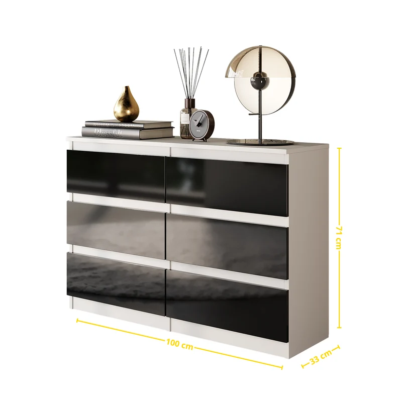 GABRIEL - Kommode / Sideboard mit 6 Schubladen - Weiß Matt / Schwarz Gloss H71cm B100cm T33cm