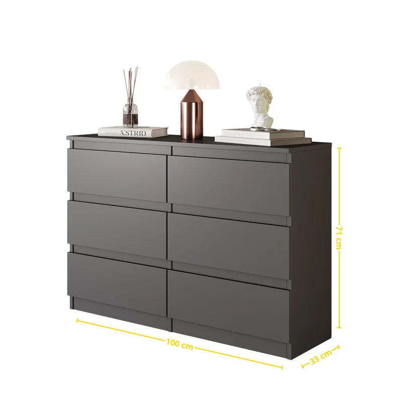 GABRIEL - Kommode / Sideboard mit 6 Schubladen - Anthrazit Grau H71cm B100cm T33cm