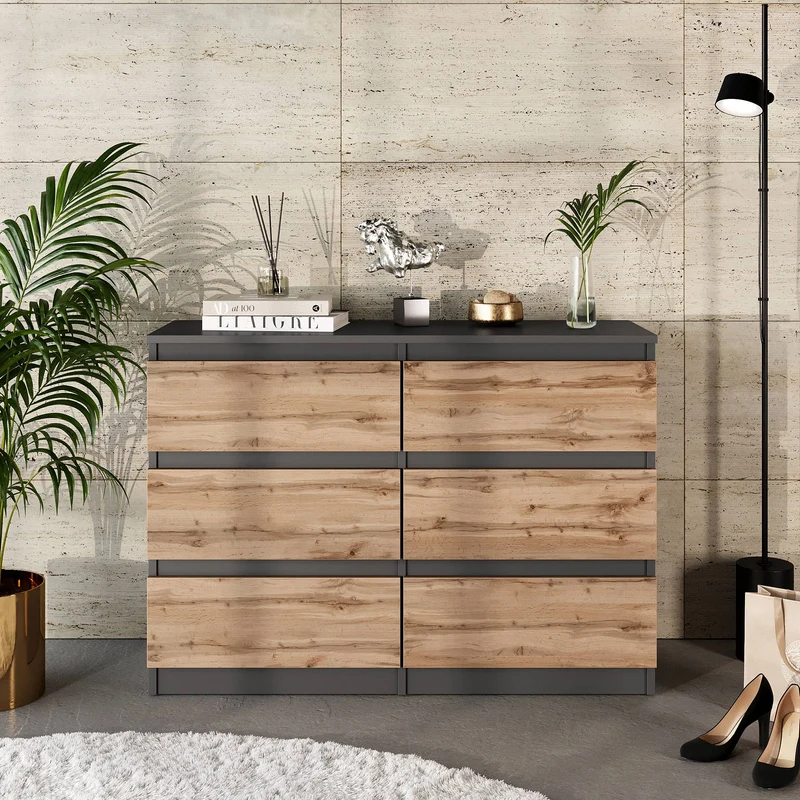 GABRIEL - Kommode / Sideboard mit 6 Schubladen - Anthrazit / Wotan Eiche H71cm B100cm T33cm