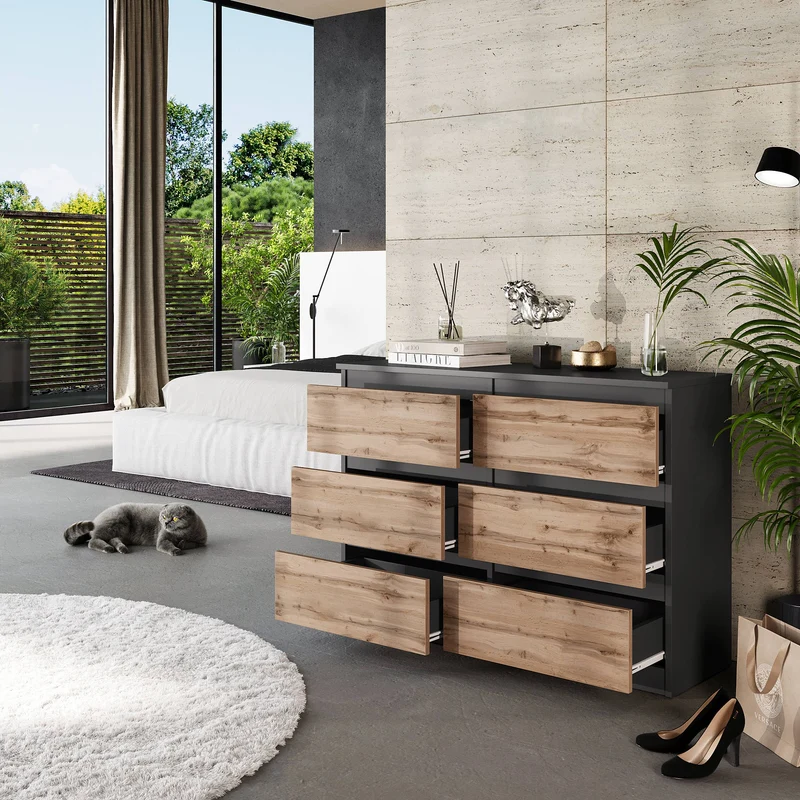 GABRIEL - Kommode / Sideboard mit 6 Schubladen - Anthrazit / Wotan Eiche H71cm B100cm T33cm