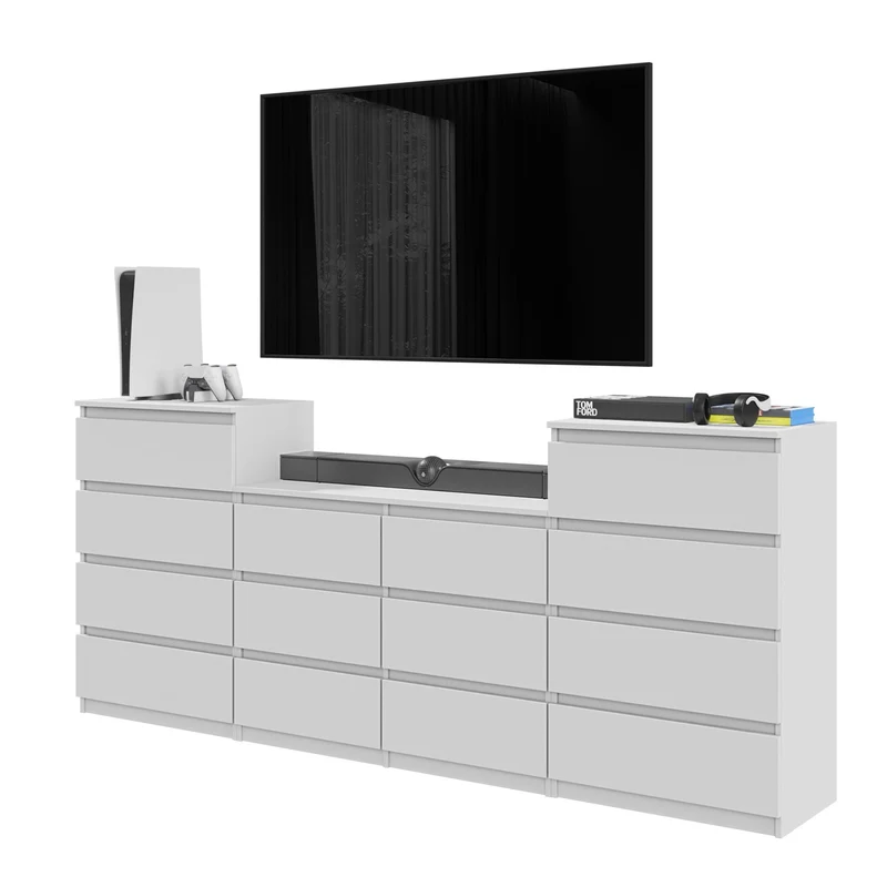 GABRIEL - Kommode / Sideboard mit 14 Schubladen (4+6+4) - Weiß Matt H92/70cm B220cm T33cm