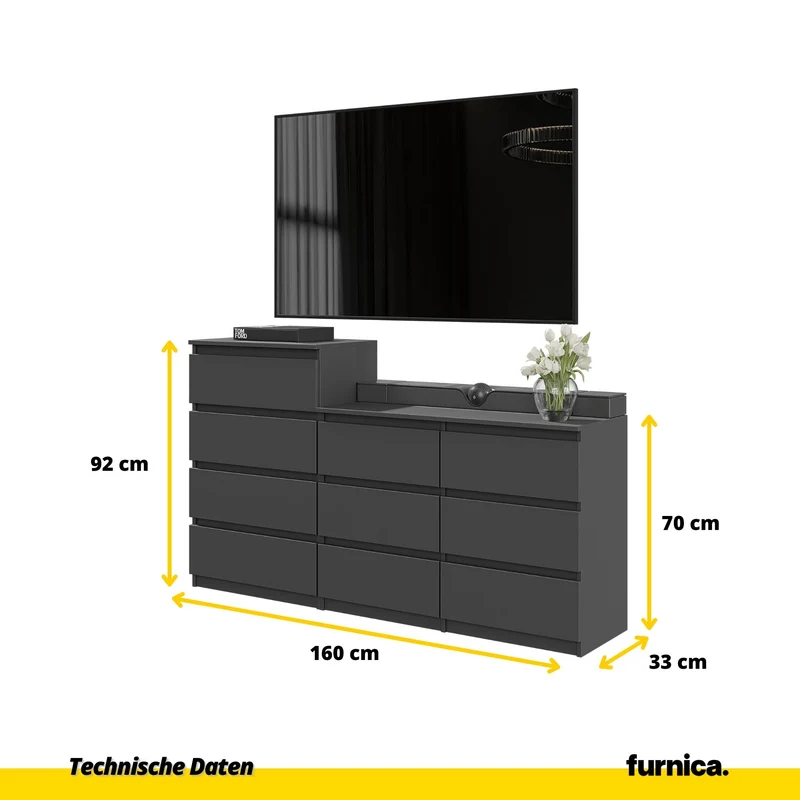 GABRIEL - Kommode / Sideboard mit 10 Schubladen (6+4) - Anthrazit Grau H92/70cm B160cm T33cm