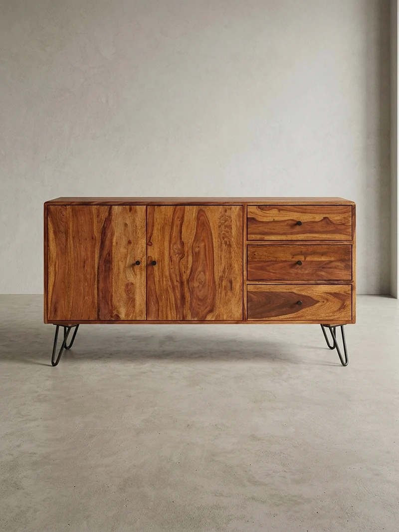 Sideboard – Massivholz, 145x75x40 cm, 3 Schubladen, 2 Türen, Landhausstil, Haarnadelbeine