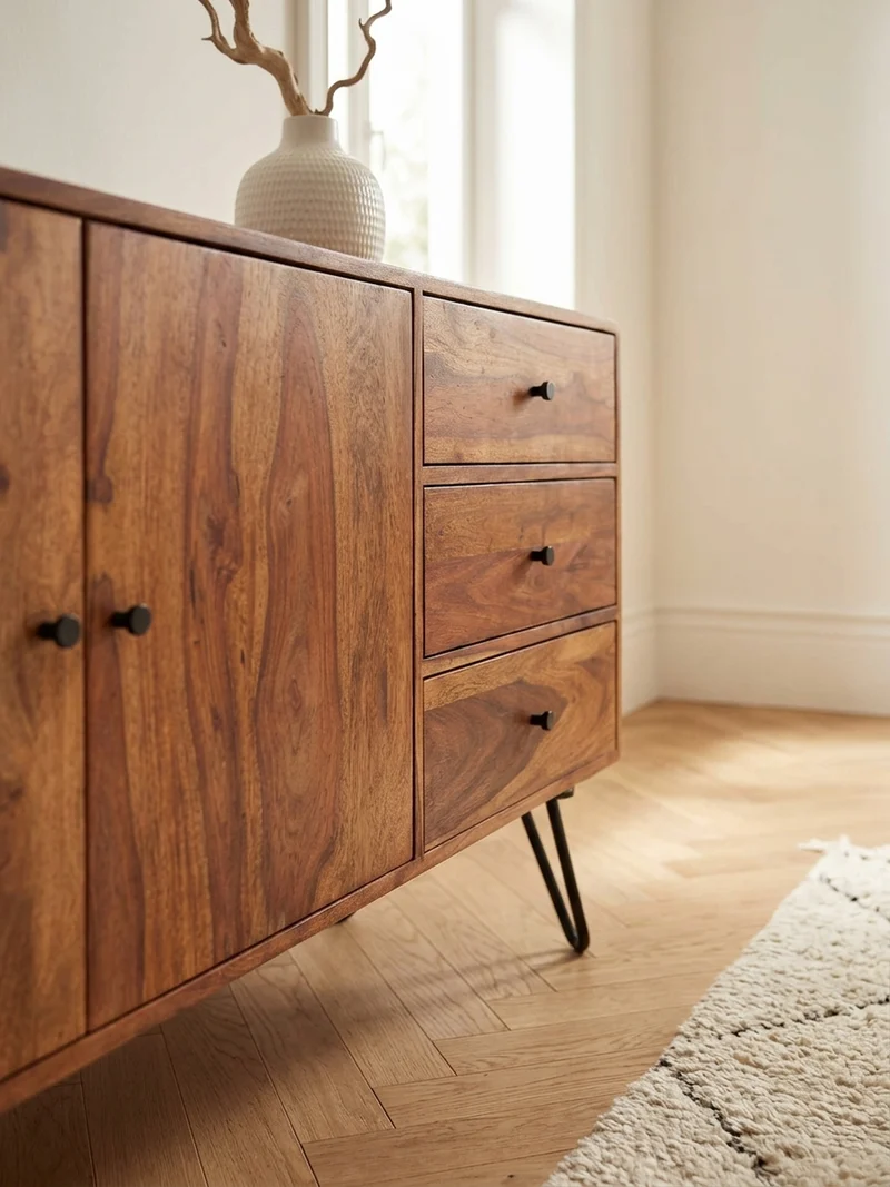 Sideboard – Massivholz, 145x75x40 cm, 3 Schubladen, 2 Türen, Landhausstil, Haarnadelbeine