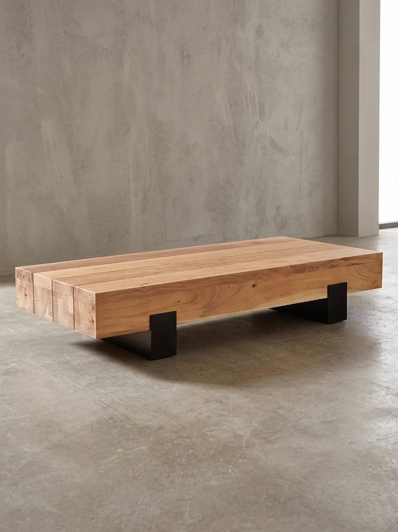 Couchtisch Industrie-Stil in Akazienholz und Schwarz Metall, Maße 130x25x59 cm