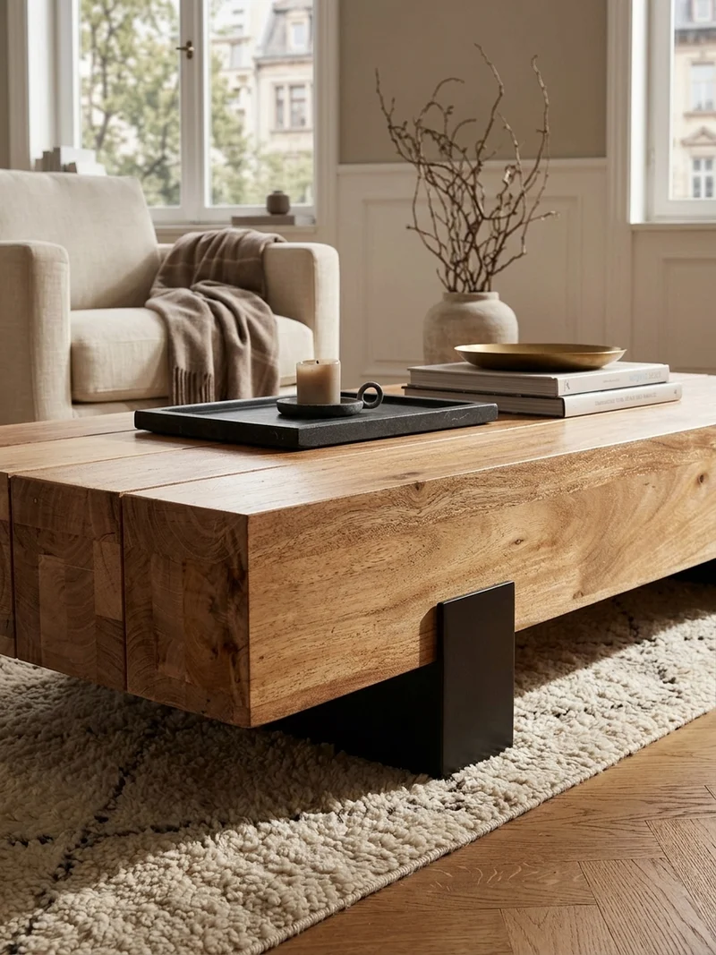 Couchtisch Industrie-Stil in Akazienholz und Schwarz Metall, Maße 130x25x59 cm