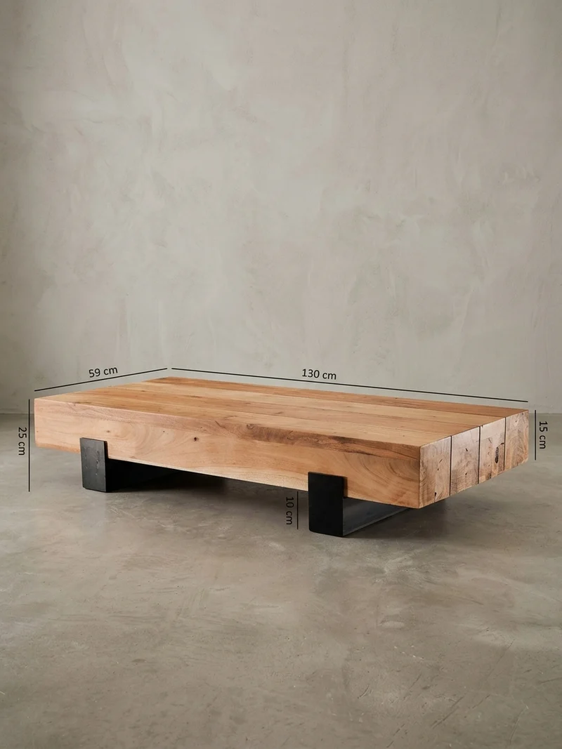 Couchtisch Industrie-Stil in Akazienholz und Schwarz Metall, Maße 130x25x59 cm