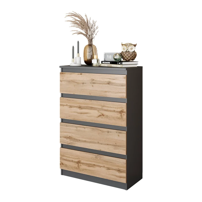 GABRIEL - Kommode / Sideboard mit 4 Schubladen - Anthrazit Grau / Wotan Eiche H92cm B60cm T33cm
