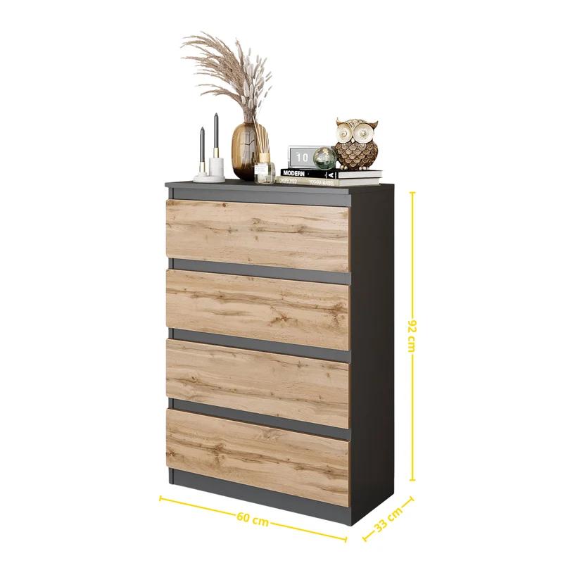 GABRIEL - Kommode / Sideboard mit 4 Schubladen - Anthrazit Grau / Wotan Eiche H92cm B60cm T33cm