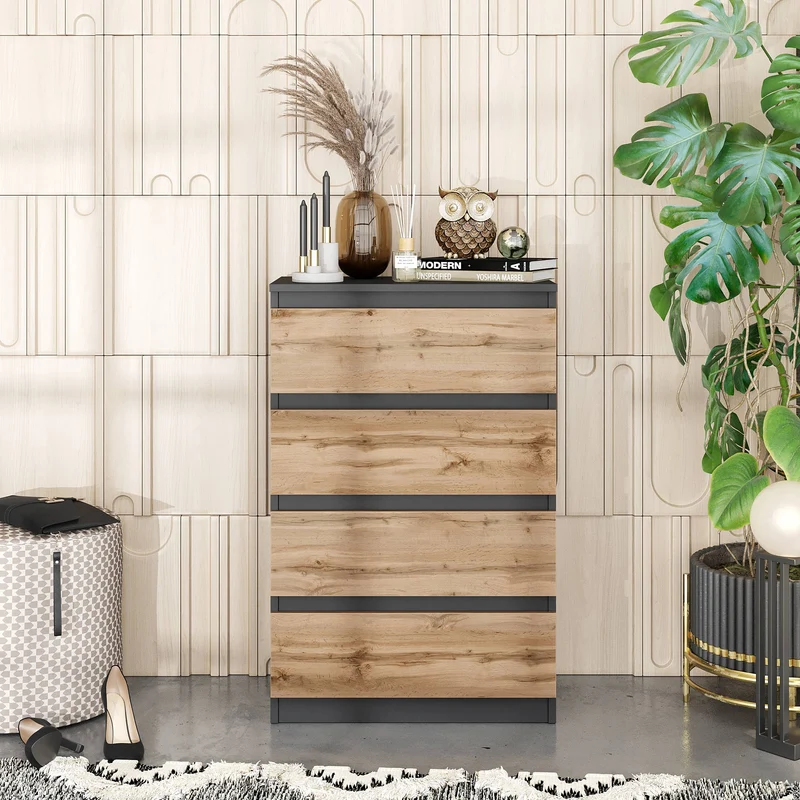 GABRIEL - Kommode / Sideboard mit 4 Schubladen - Anthrazit Grau / Wotan Eiche H92cm B60cm T33cm