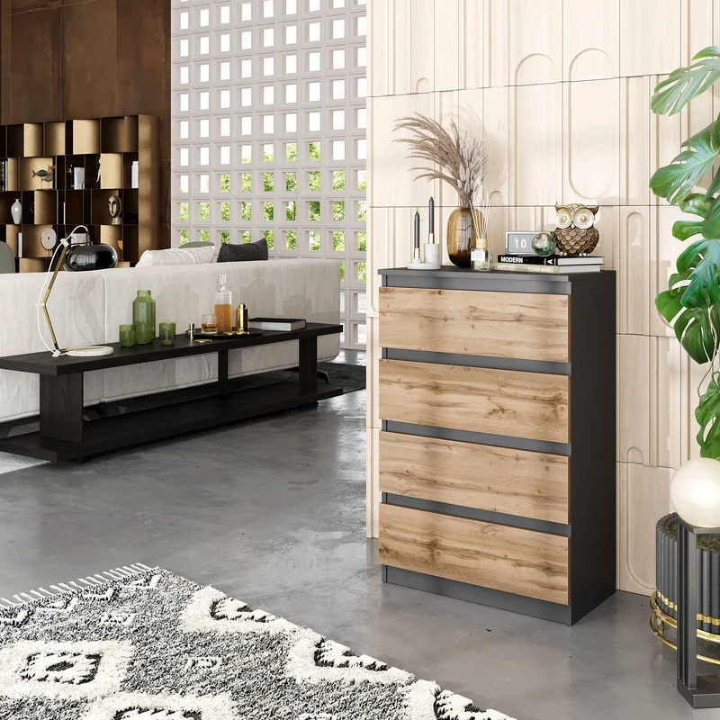 GABRIEL - Kommode / Sideboard mit 4 Schubladen - Anthrazit Grau / Wotan Eiche H92cm B60cm T33cm