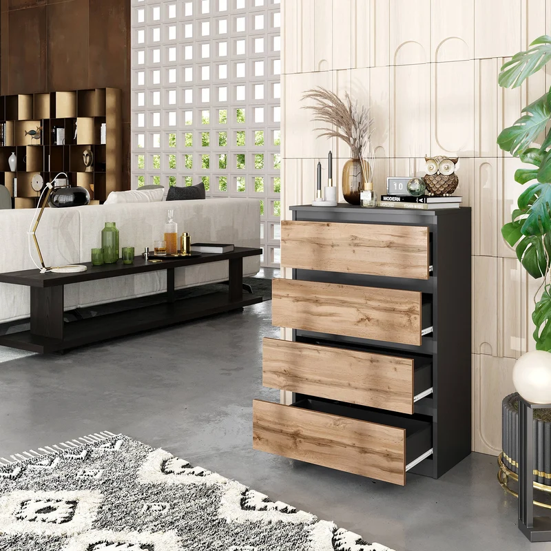 GABRIEL - Kommode / Sideboard mit 4 Schubladen - Anthrazit Grau / Wotan Eiche H92cm B60cm T33cm