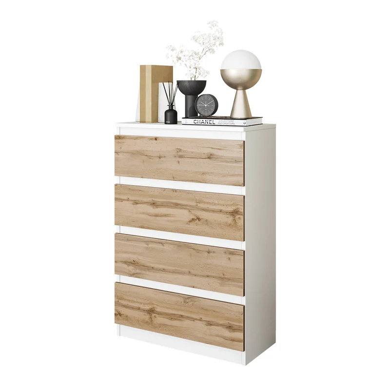 GABRIEL - Kommode / Sideboard mit 4 Schubladen - Weiß Matt / Wotan Eiche H92cm B60cm T33cm