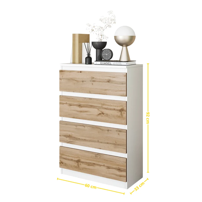 GABRIEL - Kommode / Sideboard mit 4 Schubladen - Weiß Matt / Wotan Eiche H92cm B60cm T33cm