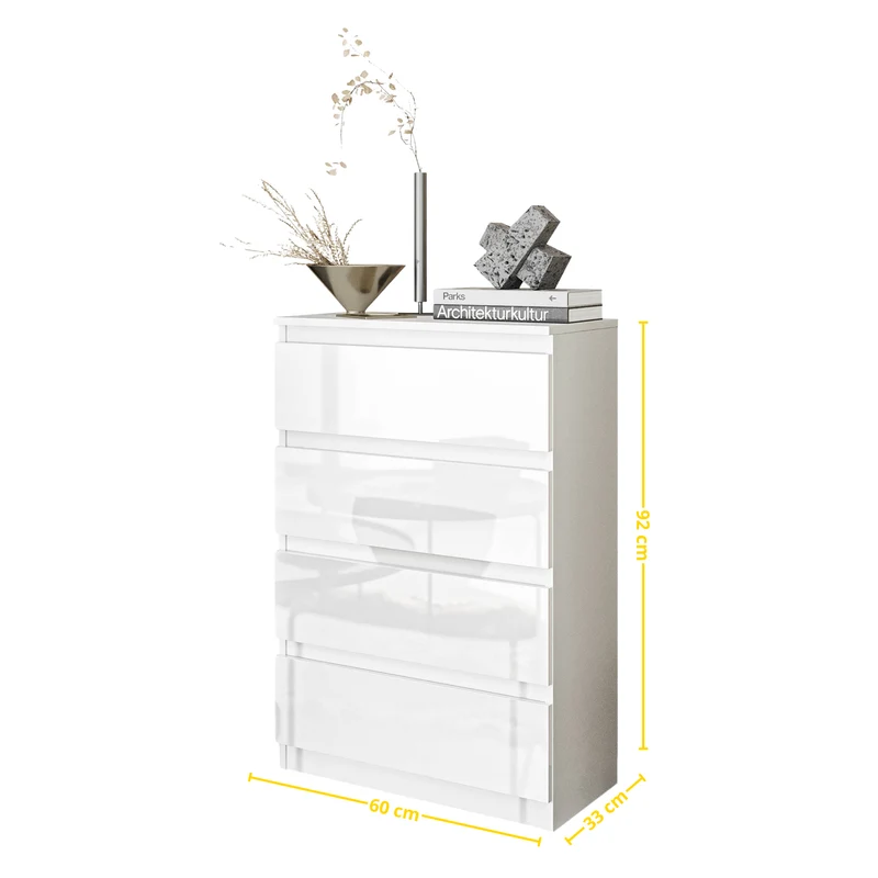 GABRIEL - Kommode / Sideboard mit 4 Schubladen - Weiß Matt / Weiß Gloss H92cm B60cm T33cm