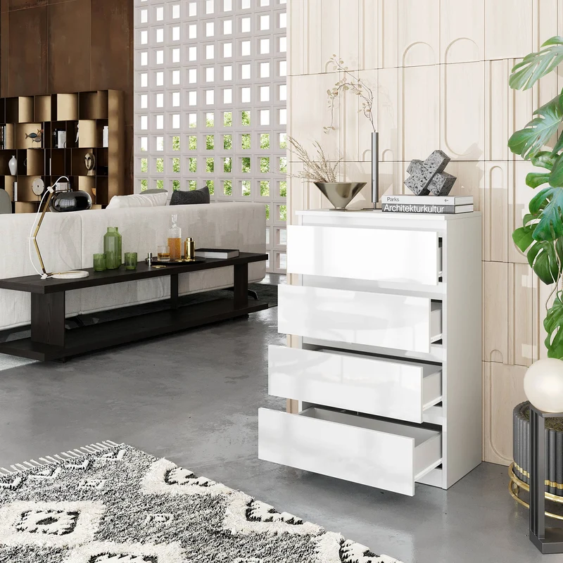 GABRIEL - Kommode / Sideboard mit 4 Schubladen - Weiß Matt / Weiß Gloss H92cm B60cm T33cm