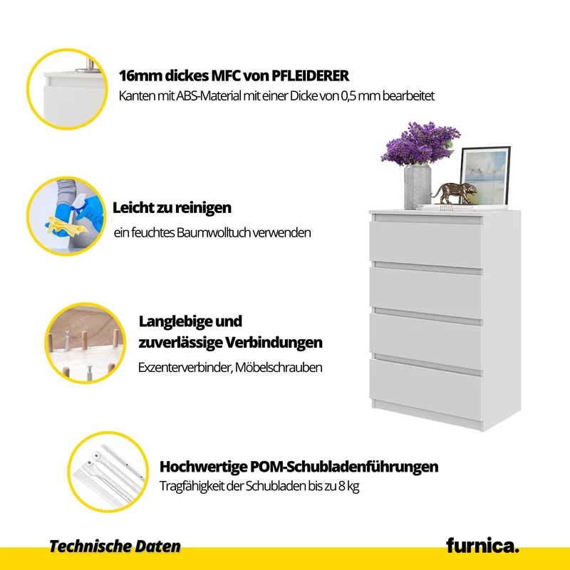 GABRIEL - Kommode / Sideboard mit 4 Schubladen - Weiß Matt / Weiß Gloss H92cm B60cm T33cm