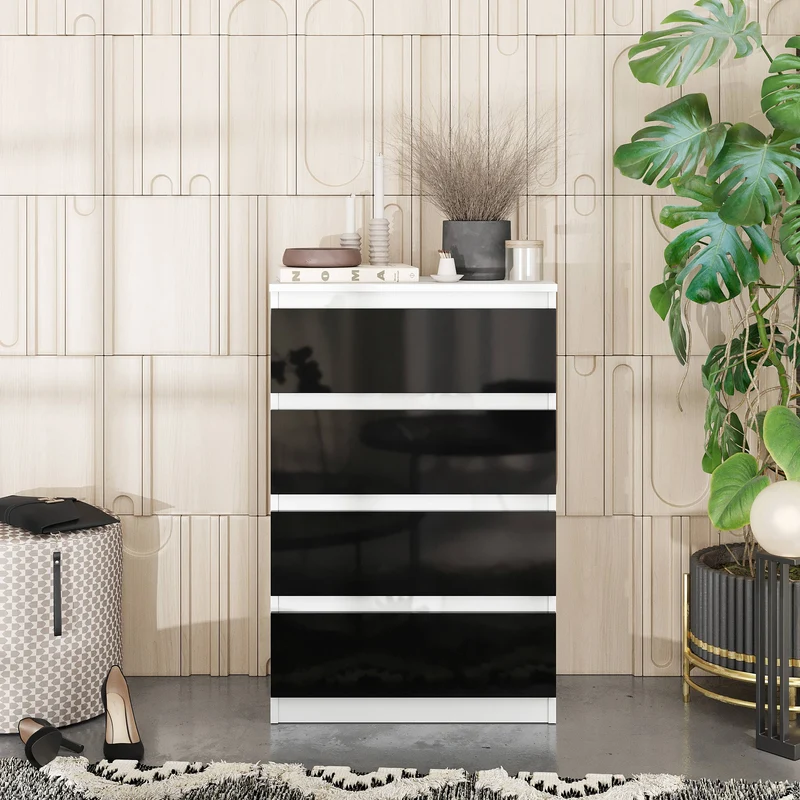 GABRIEL - Kommode / Sideboard mit 4 Schubladen - Weiß Matt / Schwarz Gloss H92cm B60cm T33cm