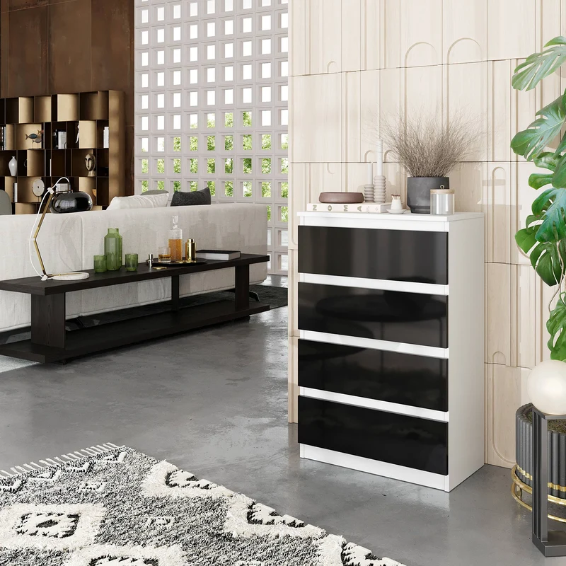 GABRIEL - Kommode / Sideboard mit 4 Schubladen - Weiß Matt / Schwarz Gloss H92cm B60cm T33cm