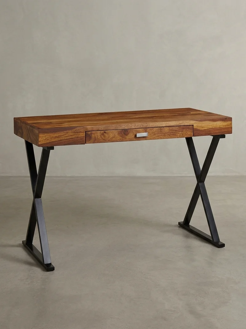 Schreibtisch Massivholz X-Gestell Schublade