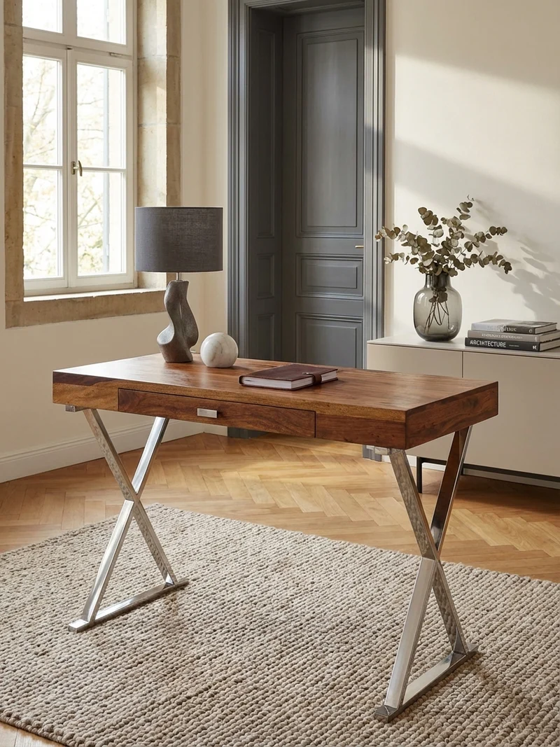 Schreibtisch Massivholz X-Gestell Schublade