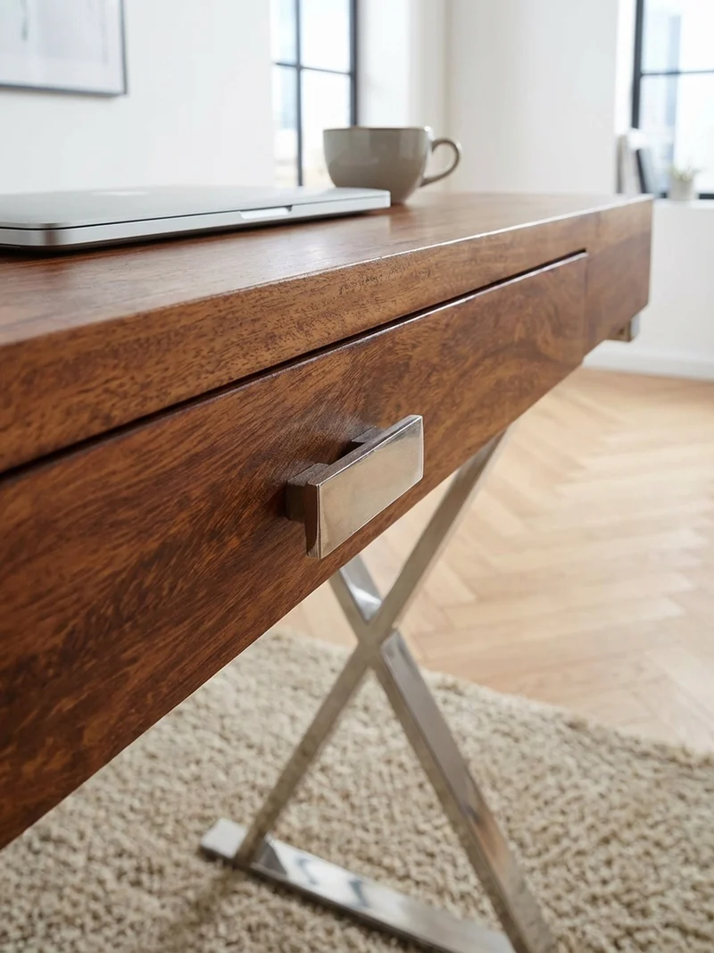 Schreibtisch Massivholz X-Gestell Schublade