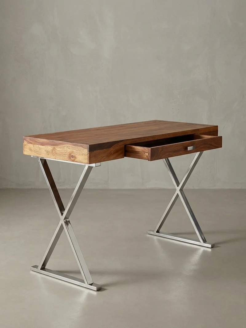 Schreibtisch Massivholz X-Gestell Schublade