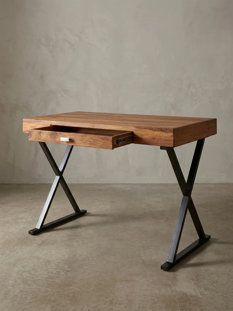 Schreibtisch Massivholz X-Gestell Schublade