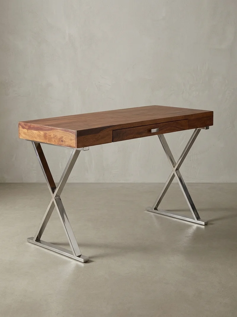Schreibtisch Massivholz X-Gestell Schublade