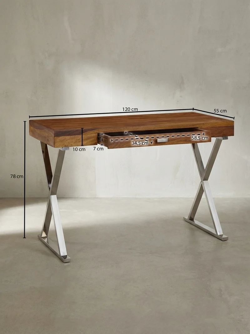 Schreibtisch Massivholz X-Gestell Schublade