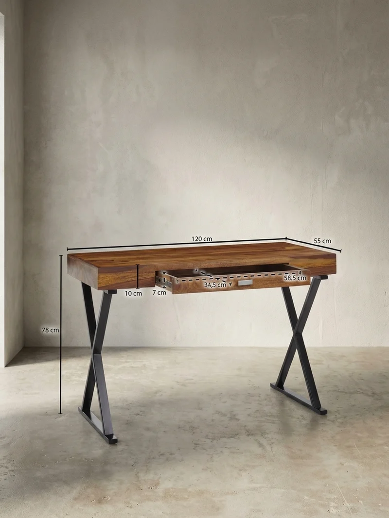Schreibtisch Massivholz X-Gestell Schublade