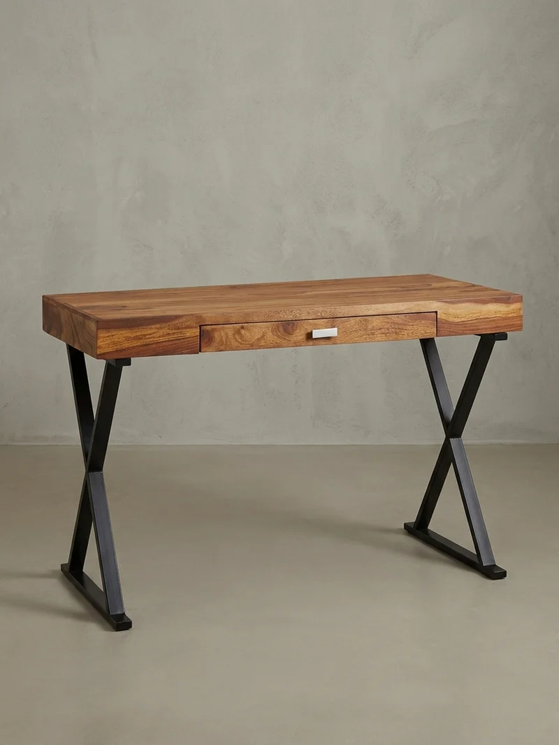 Schreibtisch Massivholz X-Gestell Schublade