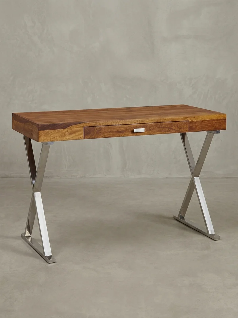 Schreibtisch Massivholz X-Gestell Schublade