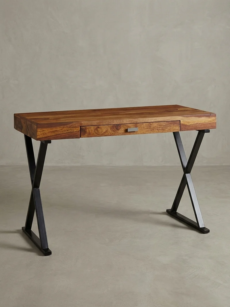 Schreibtisch Massivholz X-Gestell Schublade