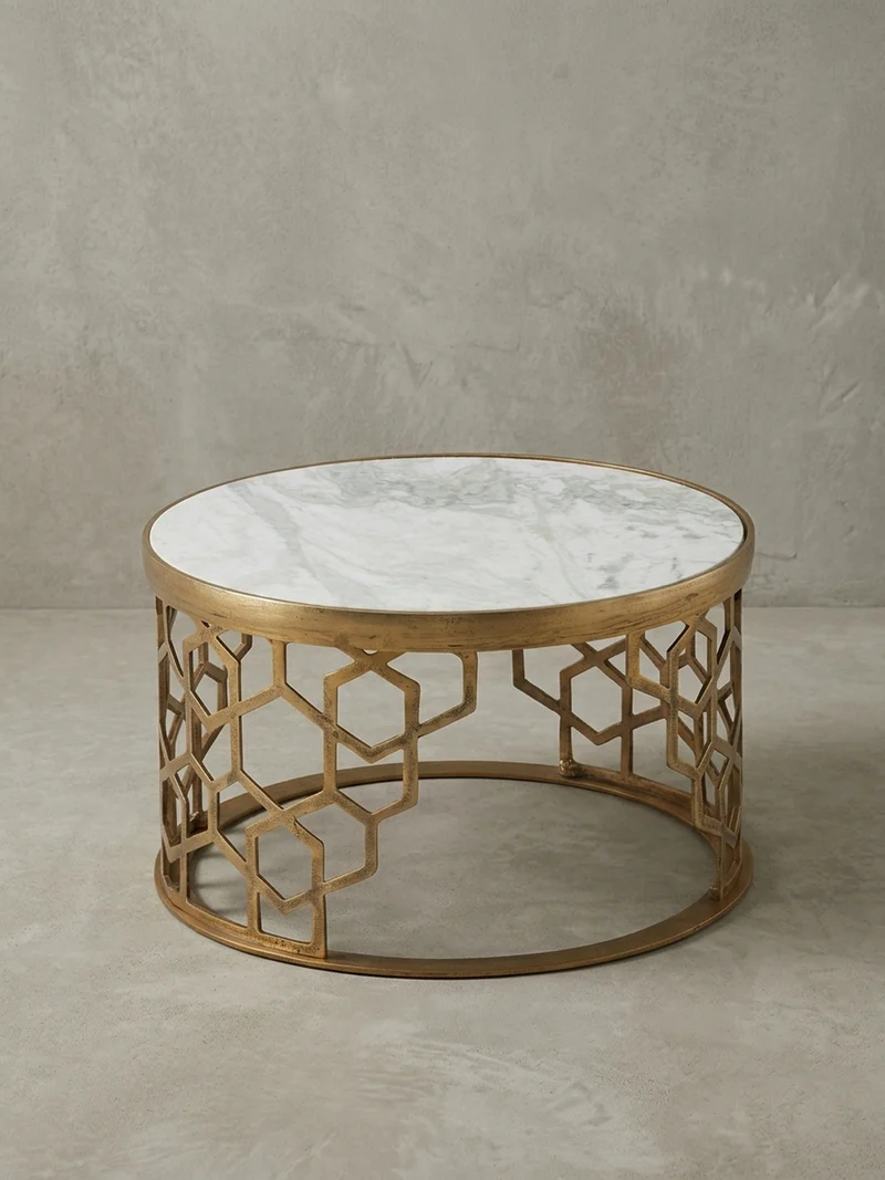 Couchtisch Weiß Marmor und Metall, Rund, Maße 60x60x36 cm, Modernes Design