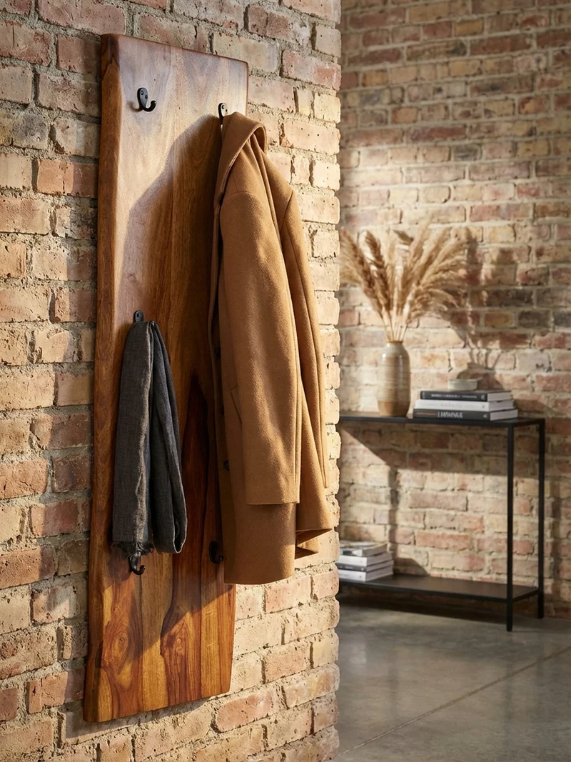 Wandgarderobe Massivholz Metall Modern mit Baumkante und 6 Haken
