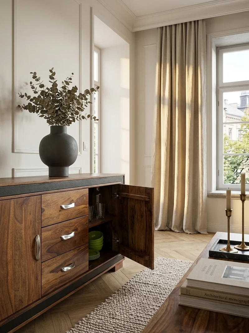 Sideboard – Massivholz, Kunstleder, 160x44x80 cm, rustikal