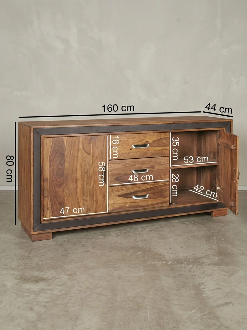 Sideboard – Massivholz, Kunstleder, 160x44x80 cm, rustikal