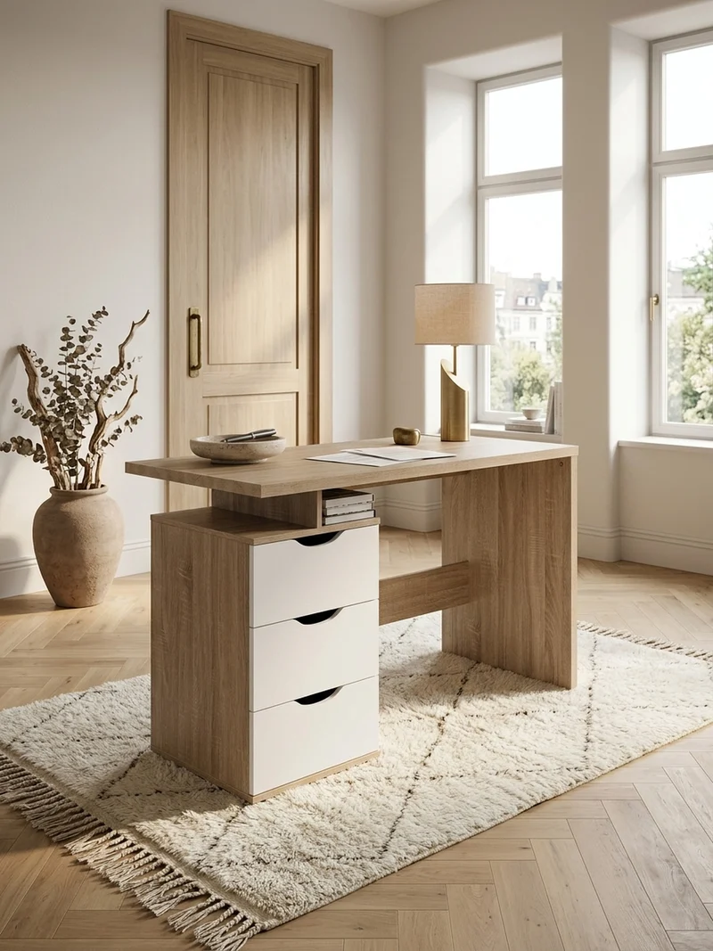Schreibtisch – Sonoma Weiß, 120x76x53 cm, 3 Schubladen, stilvoll