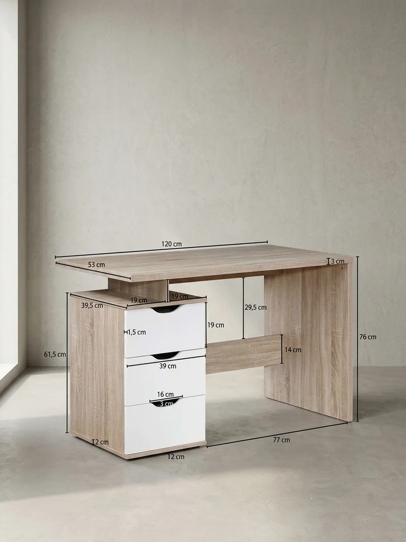 Schreibtisch – Sonoma Weiß, 120x76x53 cm, 3 Schubladen, stilvoll